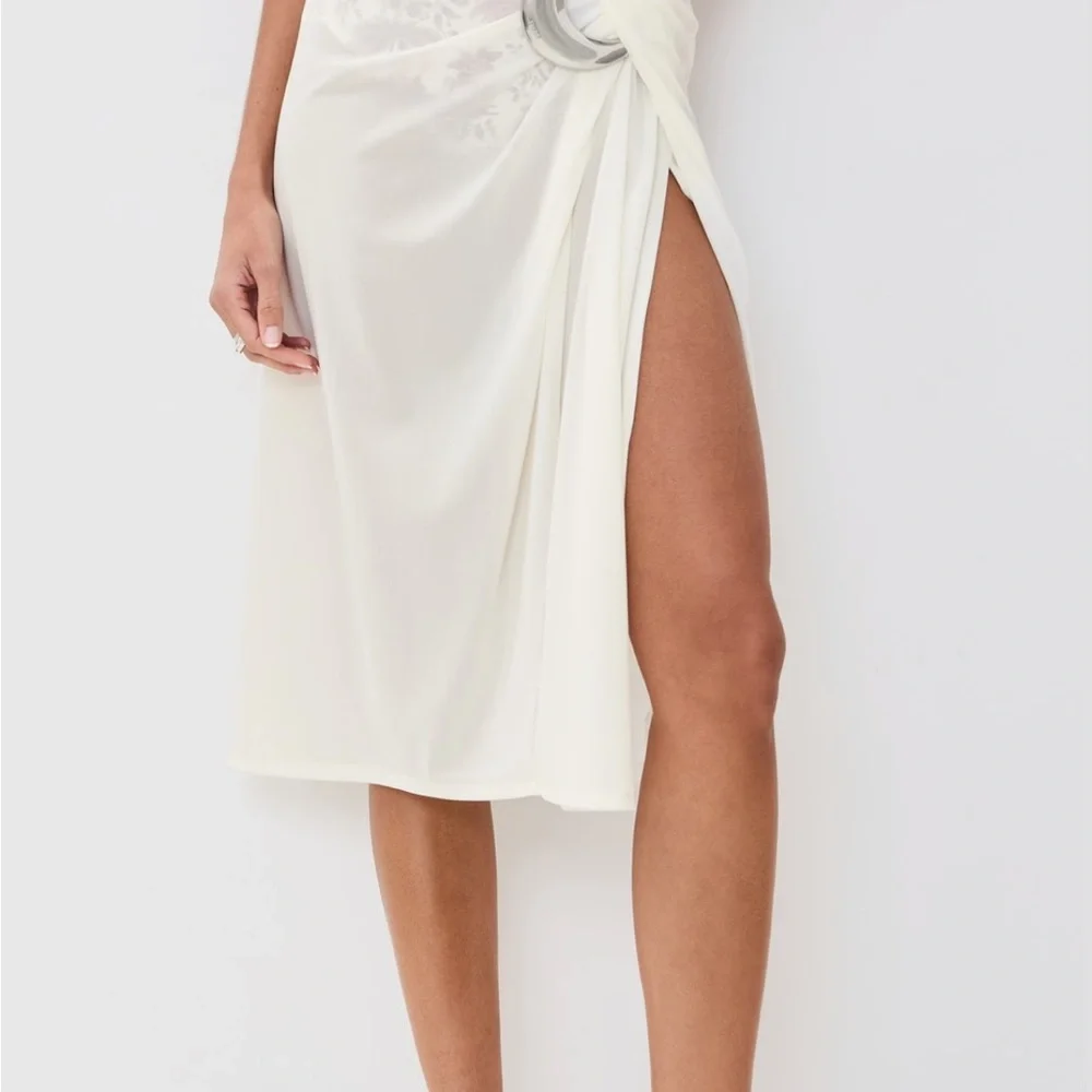 STAUD White Midi Skirt with Silver Ring Detail